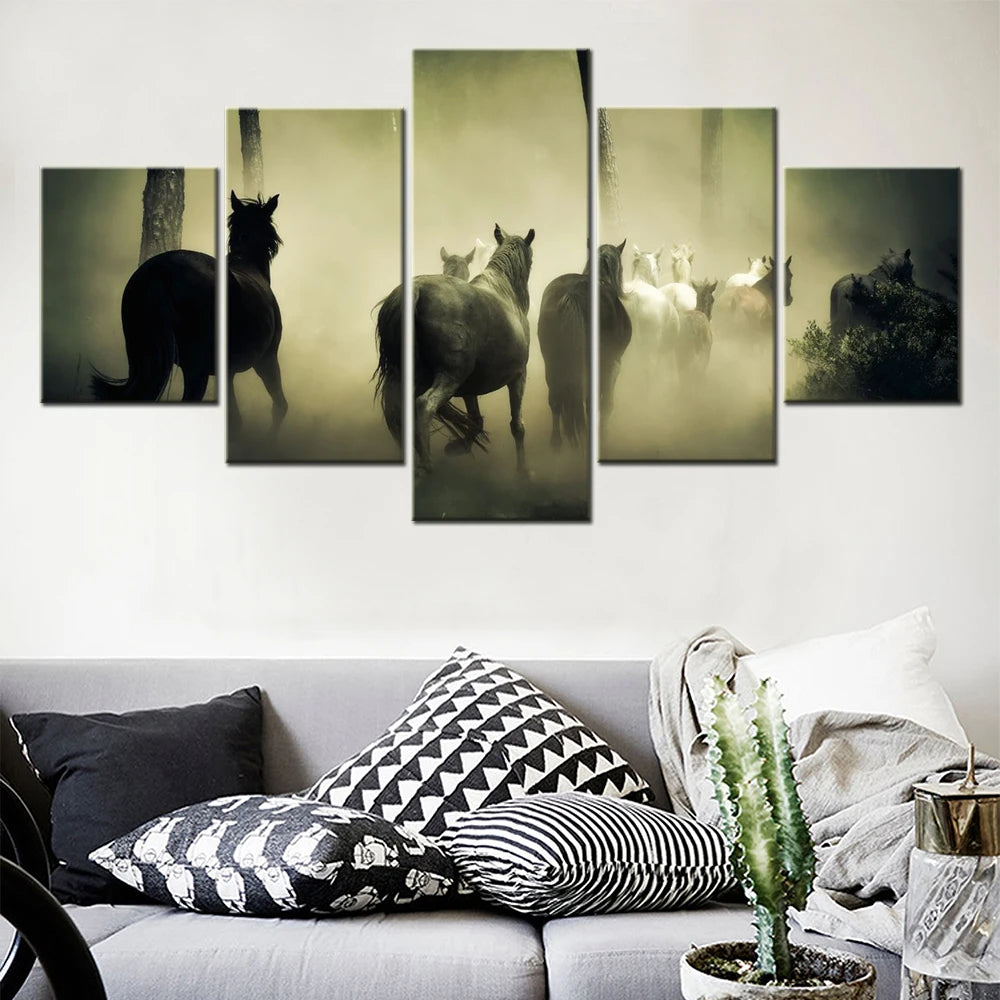 Animals Horses Herd 5 Panels Painting Canvas Wall Decoration