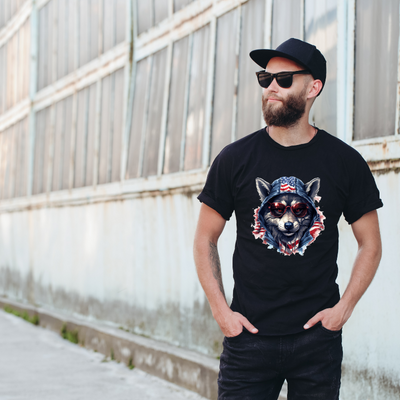 Animal Hiphop Graphic Wolf Red Glasses Cotton Black Short Sleeve T-Shirt