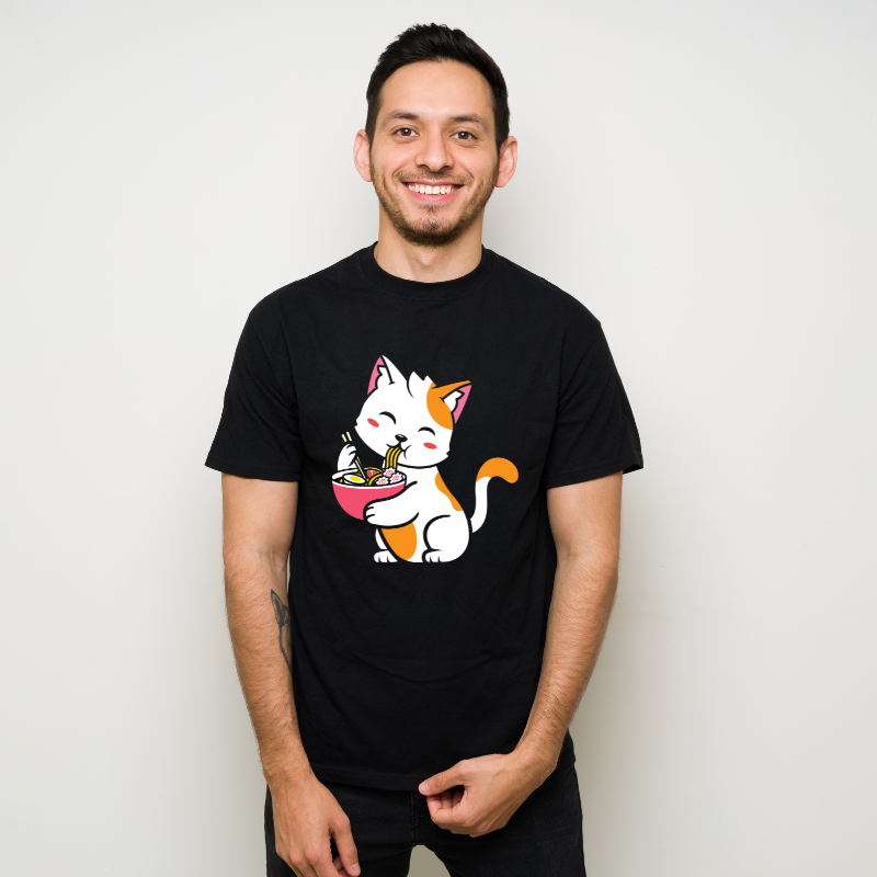 Kawaii Cat Neko Ramen Anime Cotton Black Short Sleeve T-Shirt
