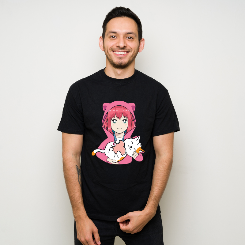 Anime and Cats Lover kawaii Otaku Cotton Black Short Sleeve T-Shirt