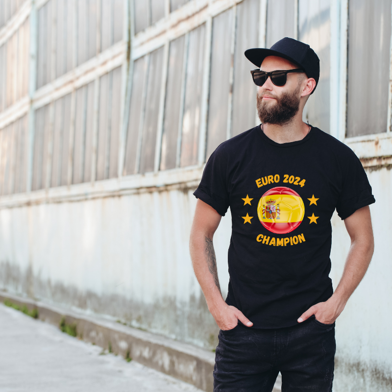 Spain EURO 2024 Champion Cotton Black Short Sleeve T-Shirt