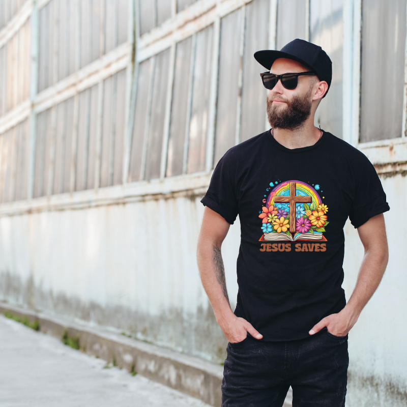 Jesus Saves Colourful Cross Art Cotton Black Short Sleeve T-Shirt