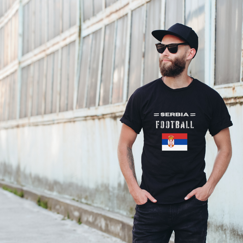 Serbia Football Cotton Black Short Sleeve T-Shirt
