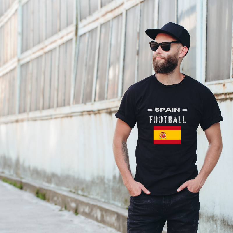 Spain Football Cotton Black Short Sleeve T-Shirt