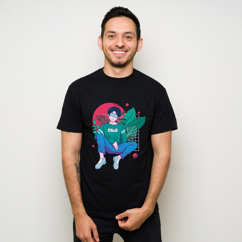 Anime Japanese The Cute Boy In Green Cotton Black Short Sleeve T-Shirt