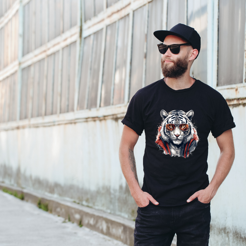 Animal Hiphop Graphic Funny White Tiger With Glasses Cotton Black Short Sleeve T-Shirt