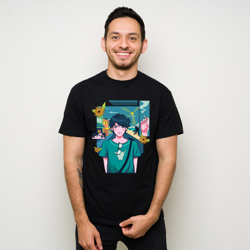 Anime Japanese The Cute Boy on The Good Day Cotton Black Short Sleeve T-Shirt