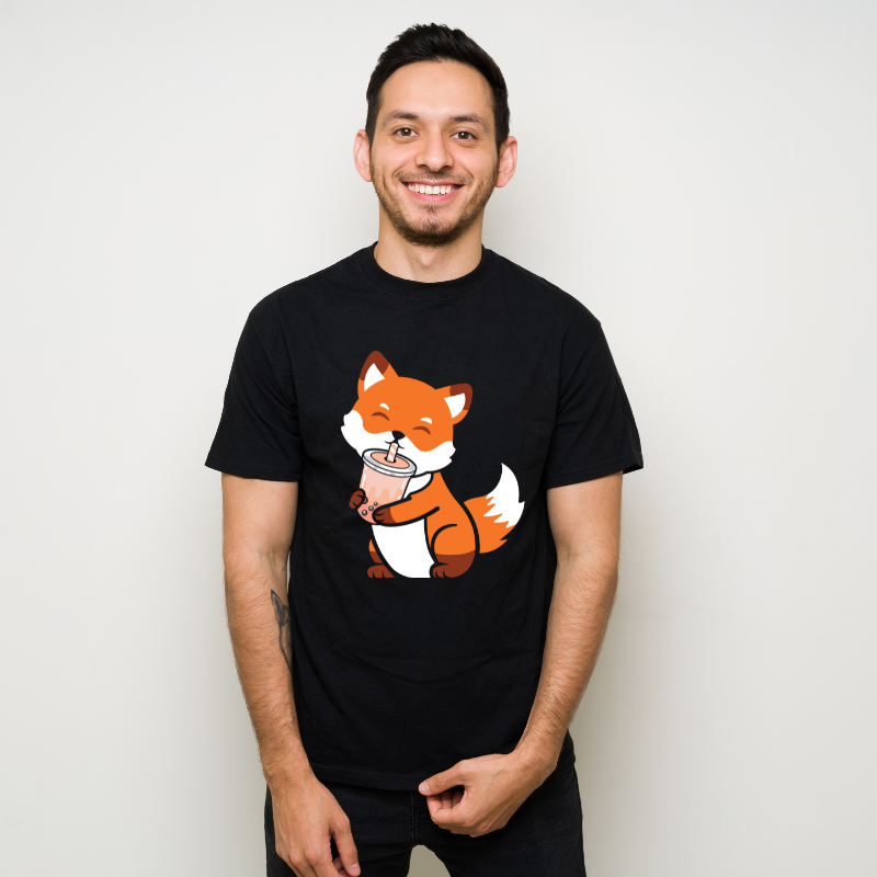 Kawaii Anime Fox Drinking Boba Tea Cotton Black Short Sleeve T-Shirt