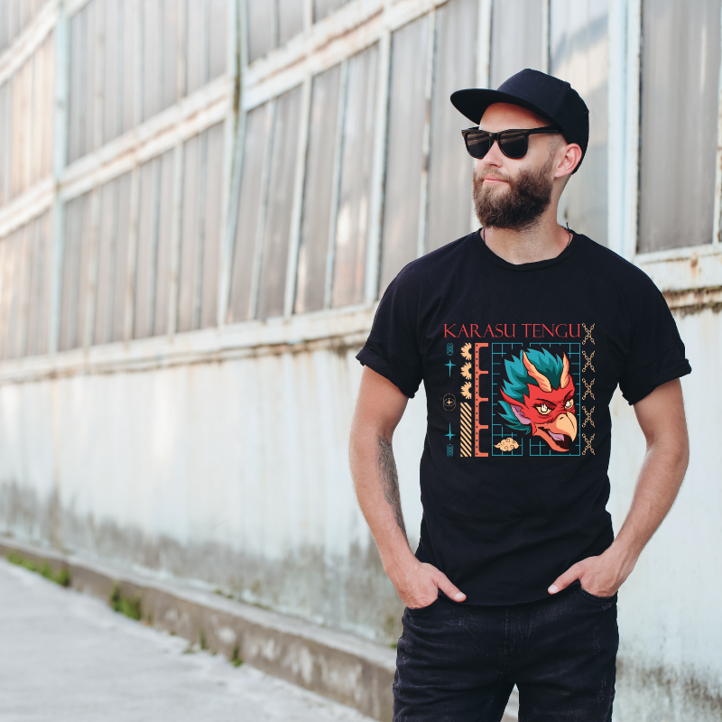 Japan Streetwear Karasu Tengu Cotton Black Short Sleeve T-Shirt