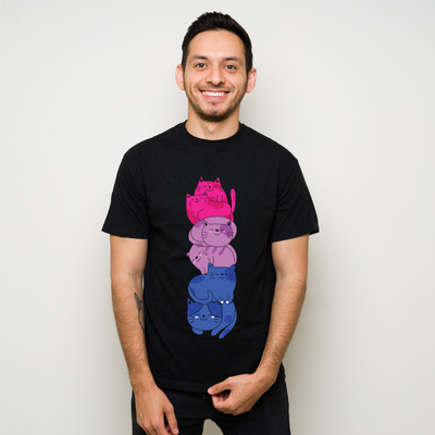 Bi Pride Cat LGBT Cute Kawaii Cats Cotton Black Short Sleeve T-Shirt