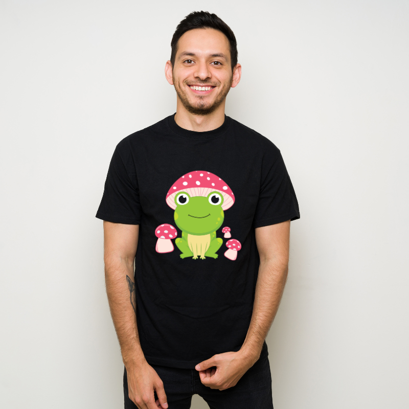 Kawaii Frog with Mushroom Hat Cotton Black Short Sleeve T-Shirt
