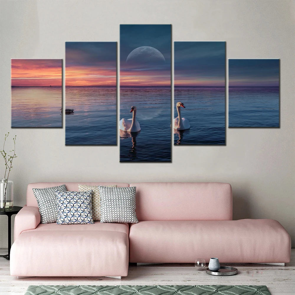 Two Swans Lake 5 Panels Painting Canvas Wall Decoration