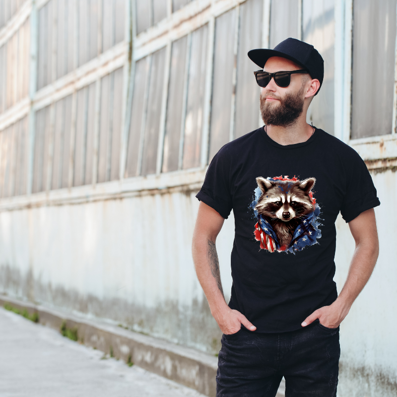 Animal Hiphop Graphic Funny Raccoon Cotton Black Short Sleeve T-Shirt
