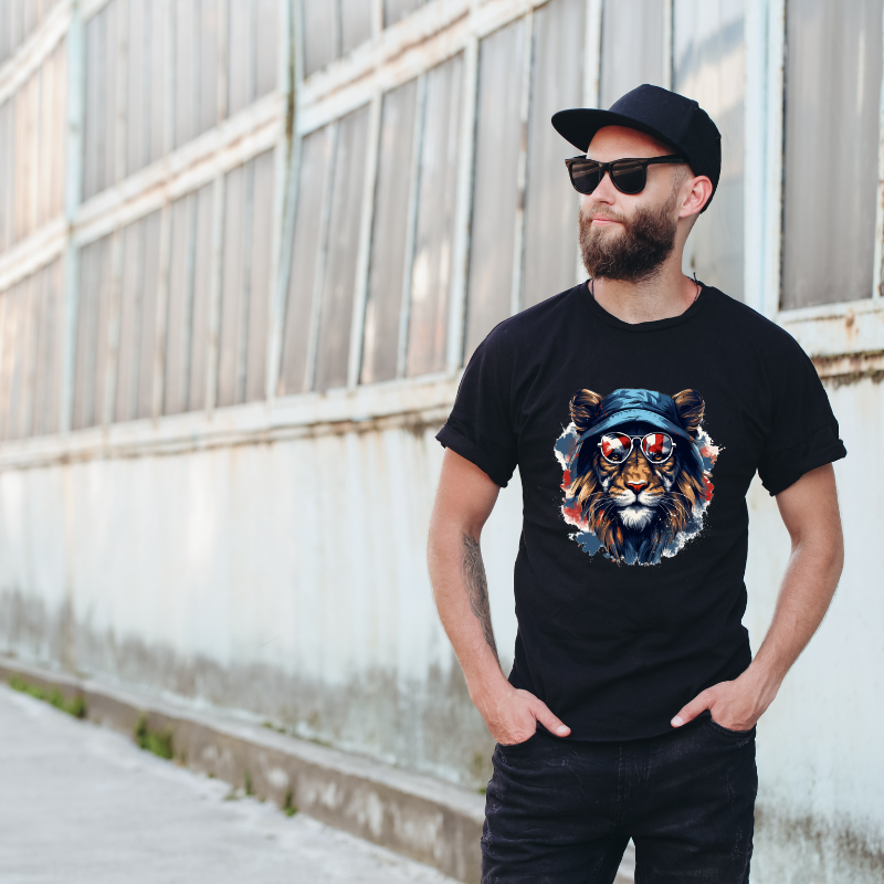 Animal Hiphop Graphic Funny Lion Cotton Black Short Sleeve T-Shirt