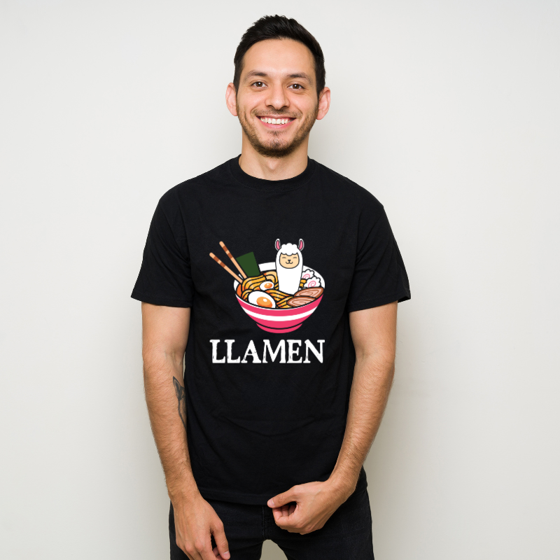 Llamen Kawaii Llama Ramen Japanese Anime Cotton Black Short Sleeve T-Shirt