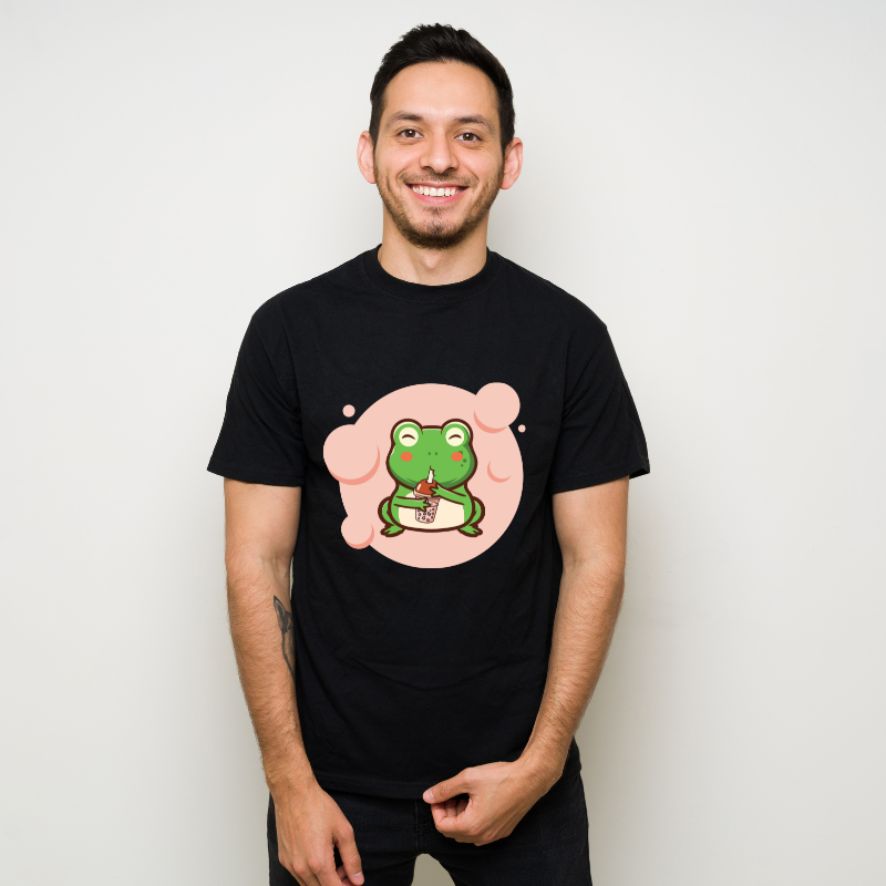 Frog Boba Tea Bubble Kawaii Anime Cotton Black Short Sleeve T-Shirt