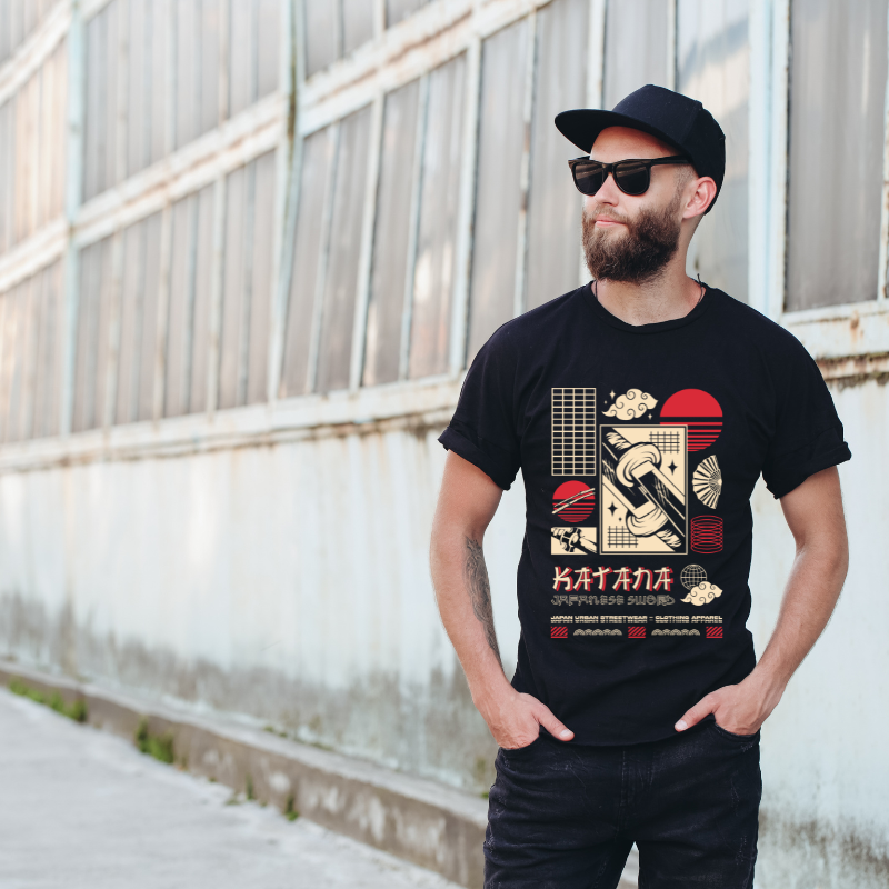 Japan Streetwear Katana Japanese Sword Cotton Black Short Sleeve T-Shirt