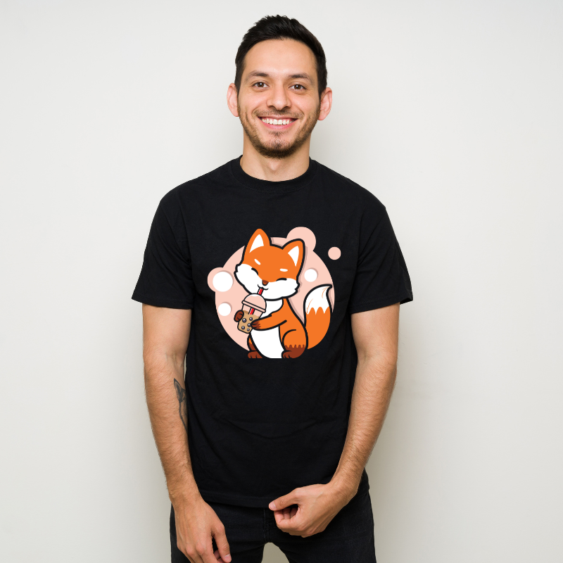 Fox Boba Tea Bubble Tea Anime Kawaii Fox Cotton Black Short Sleeve T-Shirt