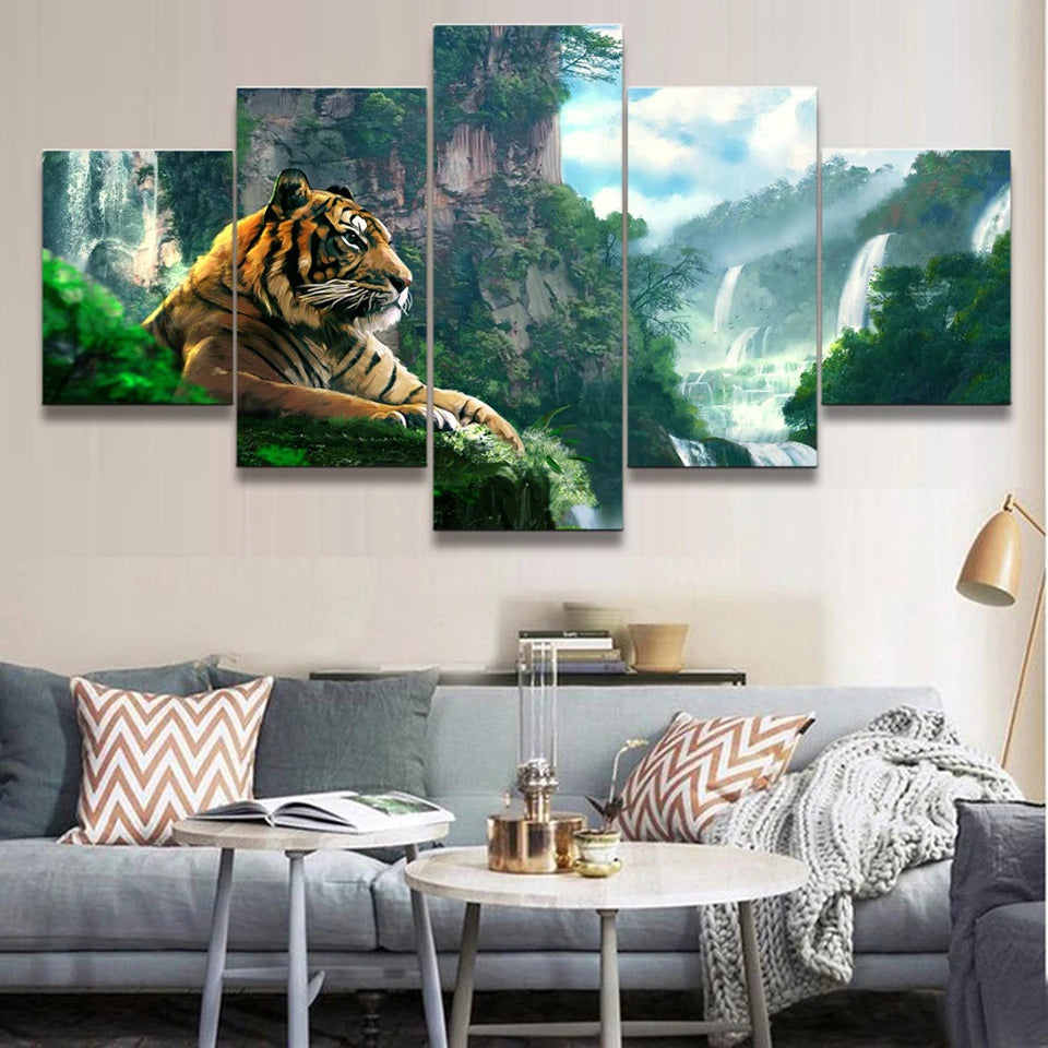 Landscape Mountain Waterfall 5 Panels Painting Canvas Wall Decoration
