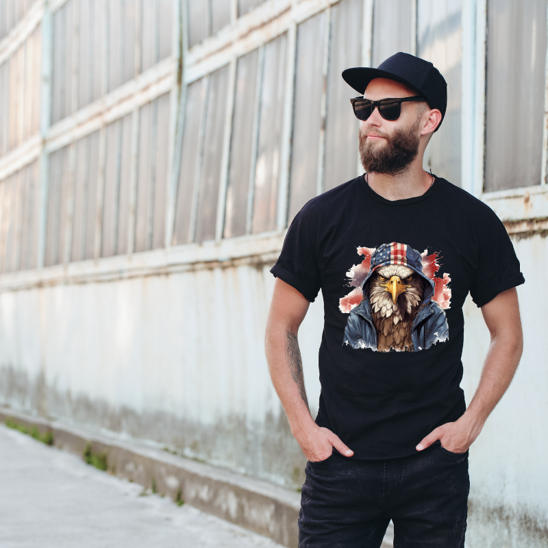 Animal Hiphop Graphic Eagle Cotton Black Short Sleeve T-Shirt
