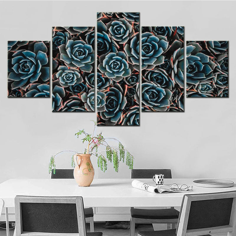 Flowers Teal Echeveria 5 Panels Painting Canvas Wall Decoration