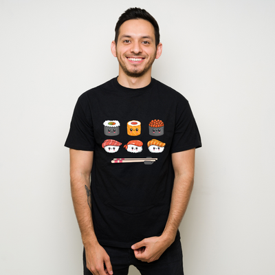 Sushi Anime Kawaii Set Japanese Food Cotton Black Short Sleeve T-Shirt