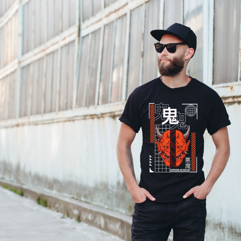 Japan Streetwear Japanese Mythology Cotton Black Short Sleeve T-Shirt
