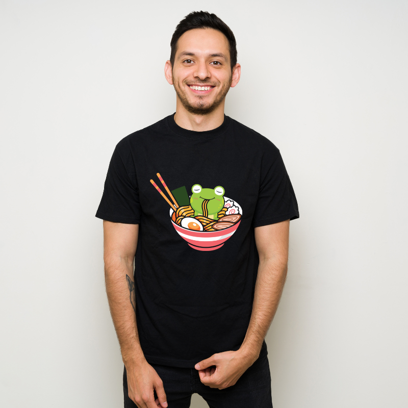 Cute Kawaii Frog Eating In Ramen Bowl Cotton Black Short Sleeve T-Shirt