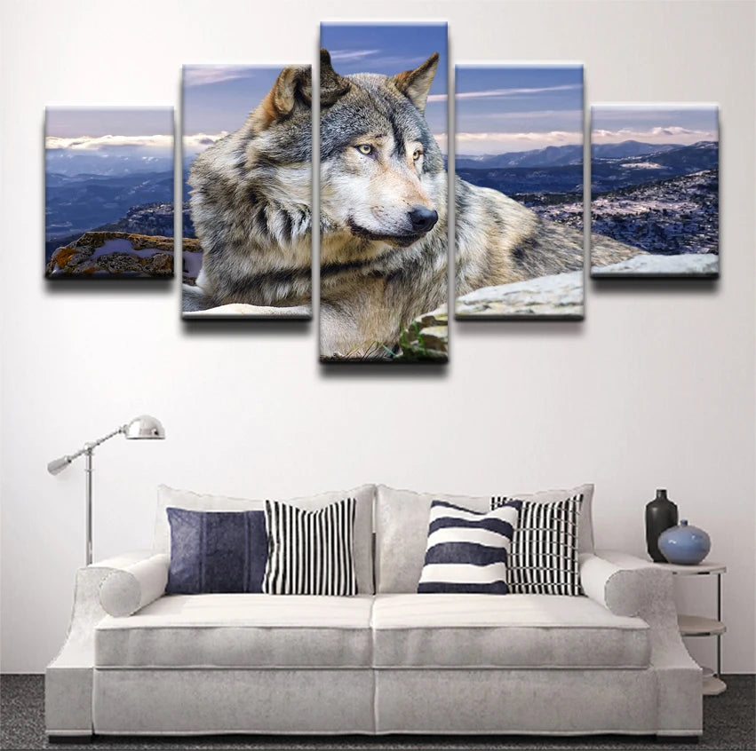 Animal Wolf 5 Panels Painting Canvas Wall Decoration