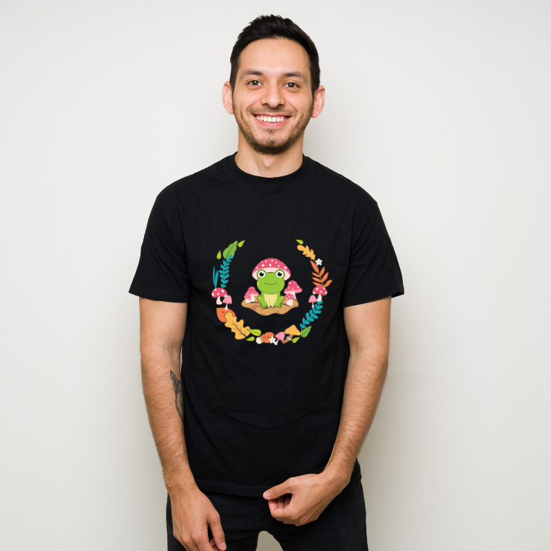 Kawaii Frog With Cute Mushroom Cotton Black Short Sleeve T-Shirt