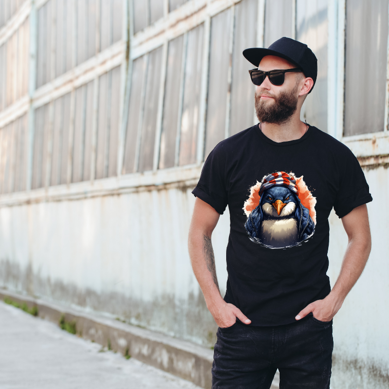 Animal Hiphop Graphic Gangster Penguin Cotton Black Short Sleeve T-Shirt