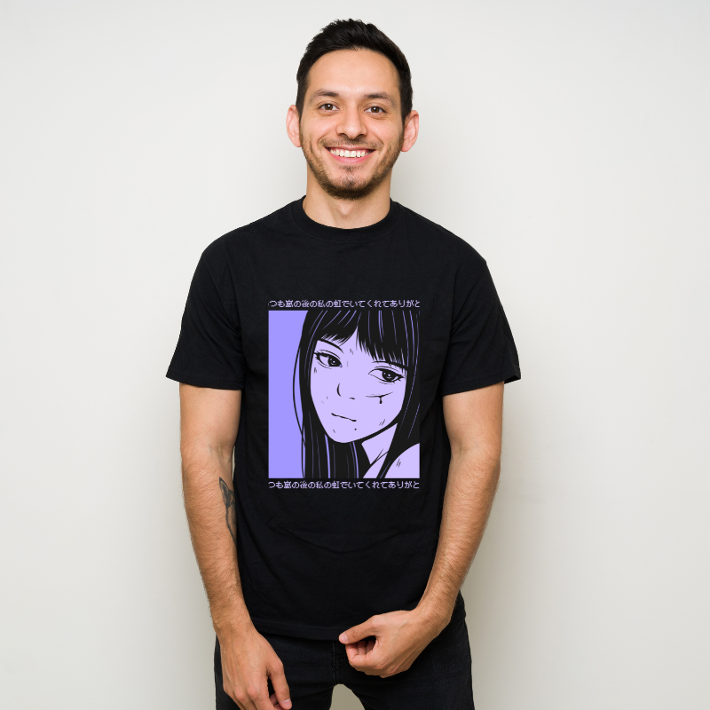 Anime Japanese Streetwear Sad Girl Cotton Black Short Sleeve T-Shirt