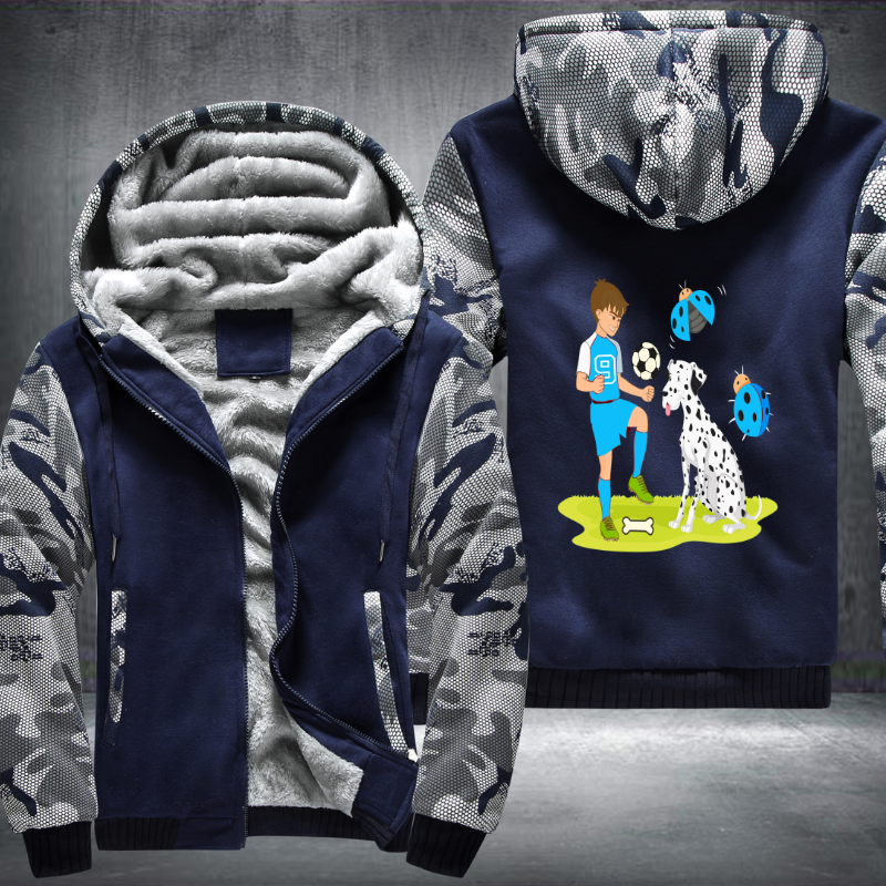 Boy play football with Dog Fleece Hoodies Jacket