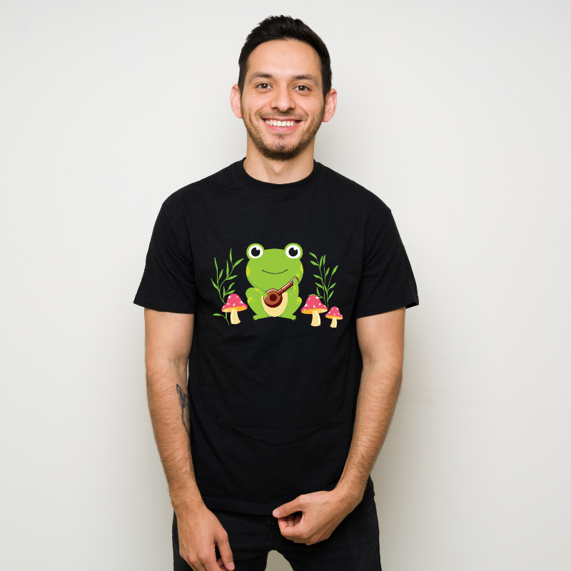 Kawaii Cute Frog Banjo Cotton Black Short Sleeve T-Shirt