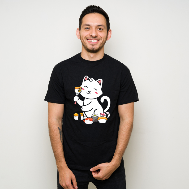 Cute Sushi Eating Cat Neko Cotton Black Short Sleeve T-Shirt