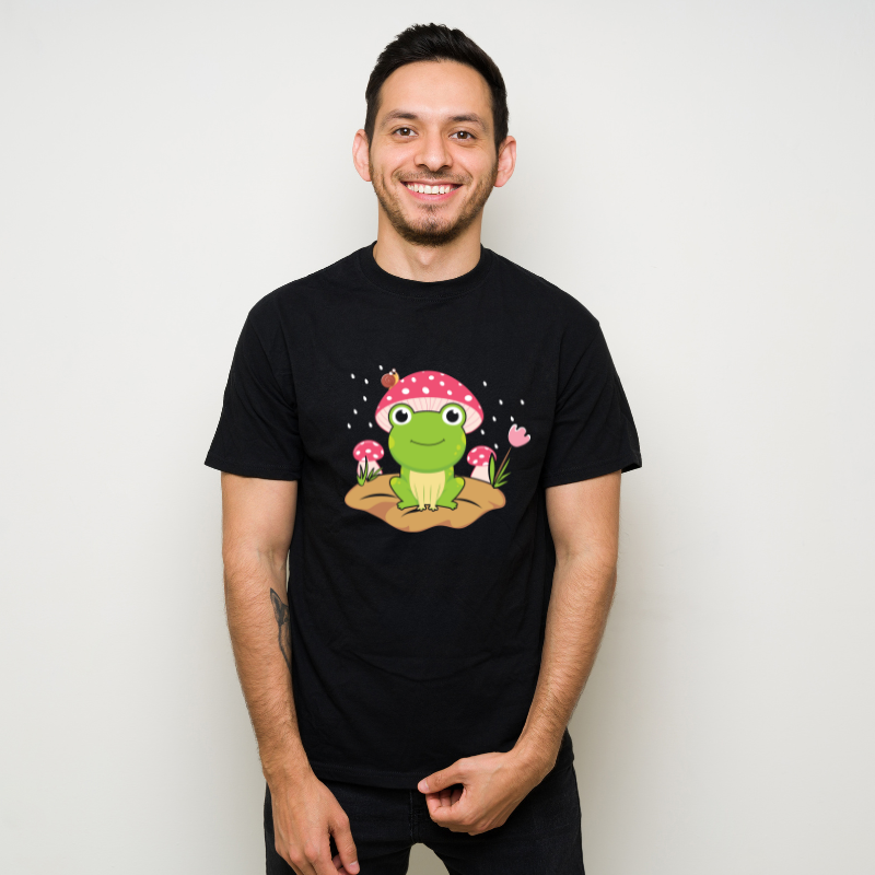 Cute Frog Mushroom Hat With Snail Cotton Black Short Sleeve T-Shirt