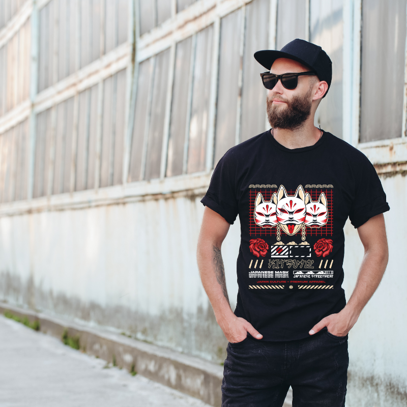 Japan Streetwear Kitsune Japanese Mask Cotton Black Short Sleeve T-Shirt