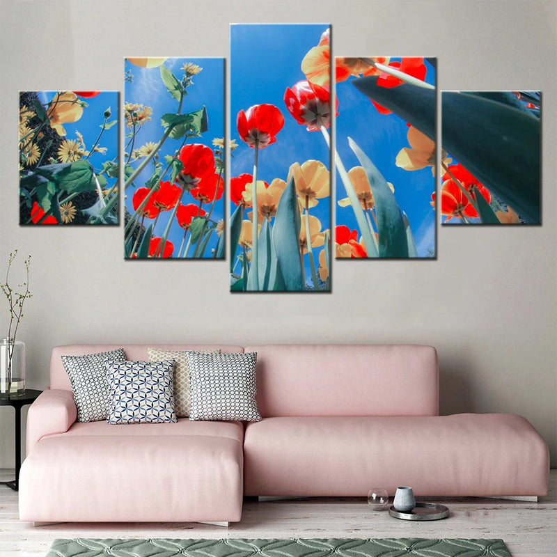 Tulips Flower garden 5 Panels Painting Canvas Wall Decoration