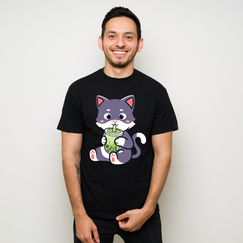 Cat Boba Bubble Tea Anime Kawaii Neko Cotton Black Short Sleeve T-Shirt