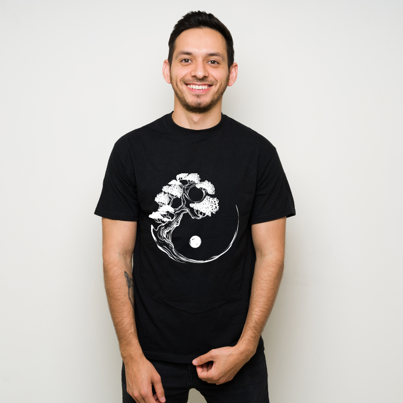 Yin Yang Bonsai Tree Japanese Buddhist Cotton Black Short Sleeve T-Shirt