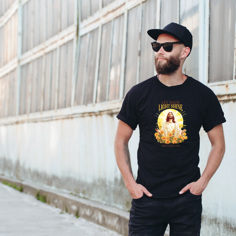 Let Your Light Shine Jesus Art Cotton Black Short Sleeve T-Shirt