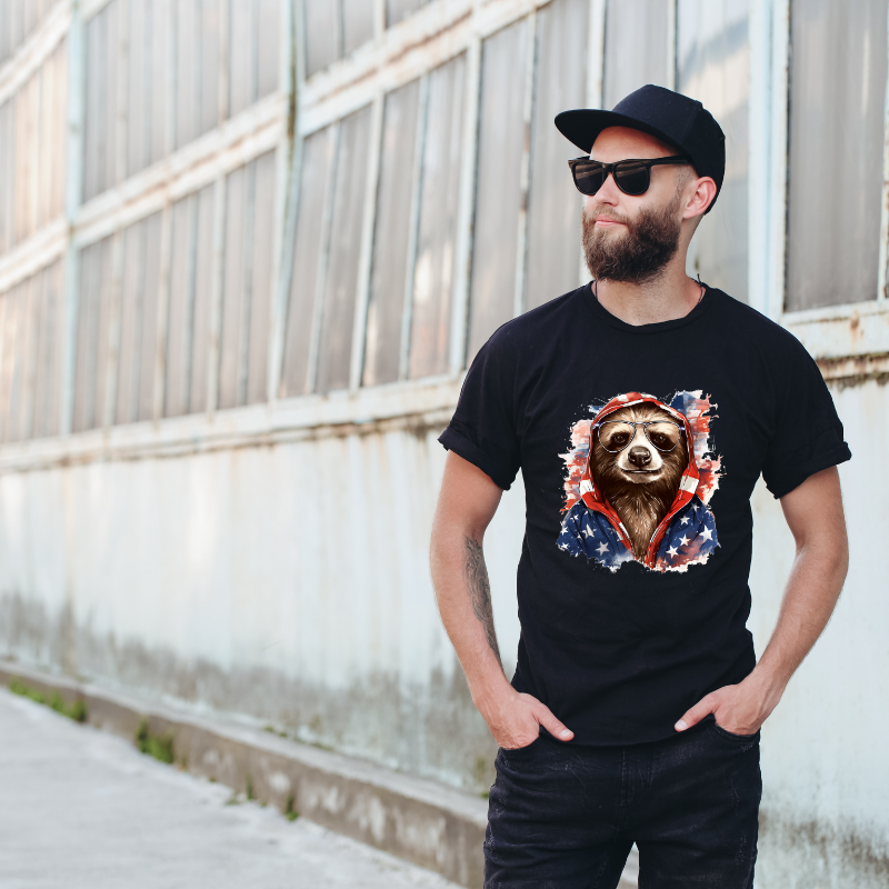 Animal Hiphop Graphic Funny Sloth Cotton Black Short Sleeve T-Shirt