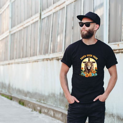 Faith Over Fear Lion of Judah Cotton Black Short Sleeve T-Shirt