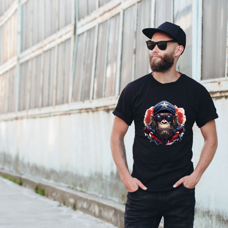 Animal Hiphop Graphic Ape Cotton Black Short Sleeve T-Shirt