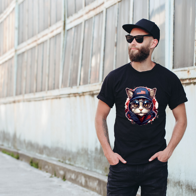 Animal Hiphop Graphic Funny Cute Cat Cotton Black Short Sleeve T-Shirt
