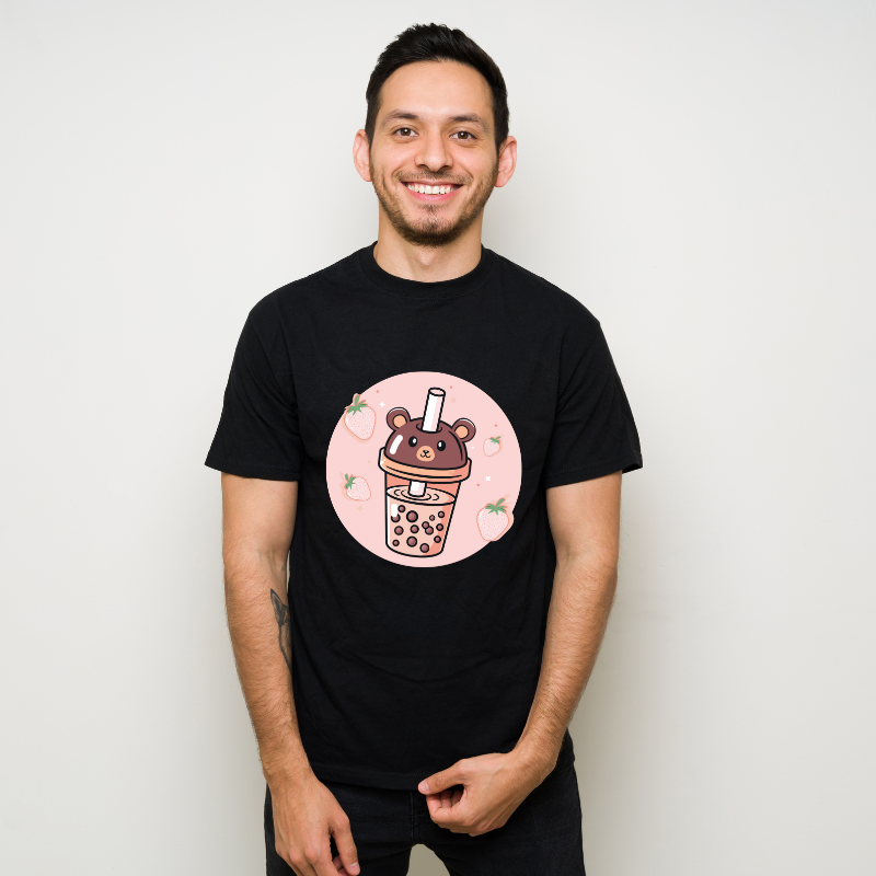 Bubble Milk Tea Boba Cute Bear Kawaii Cotton Black Short Sleeve T-Shirt