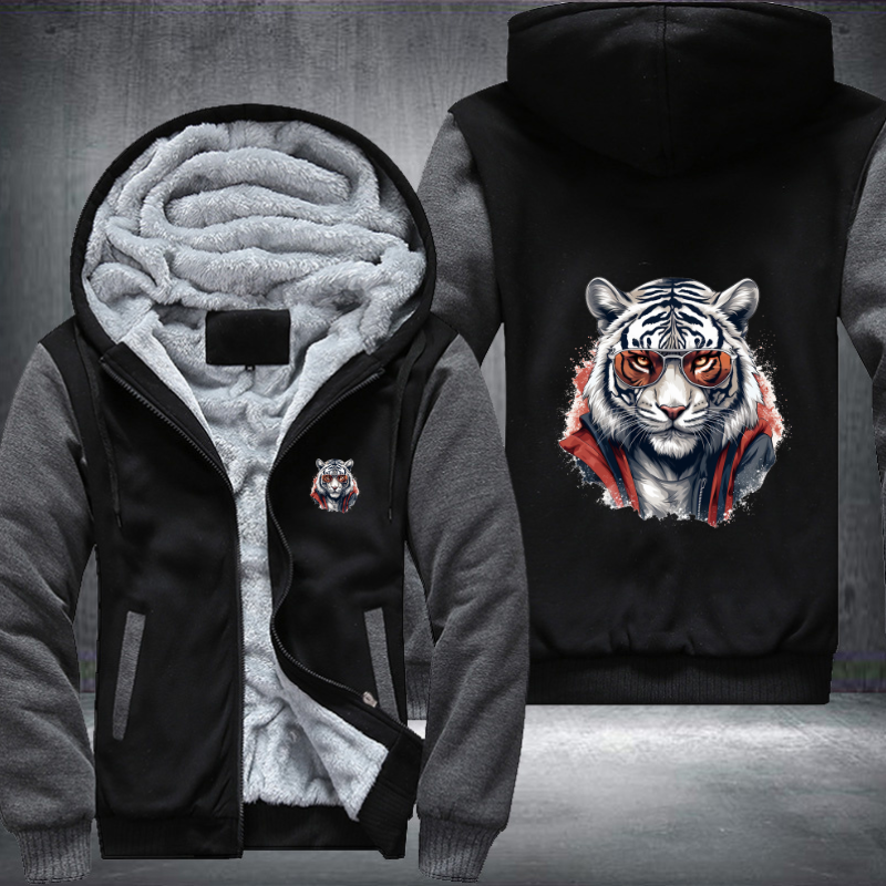 Animal Hiphop Graphic Funny White Tiger With Glasses Fleece Hoodies Jacket