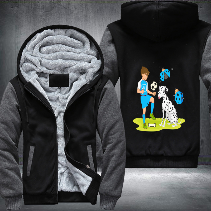 Boy play football with Dog Fleece Hoodies Jacket