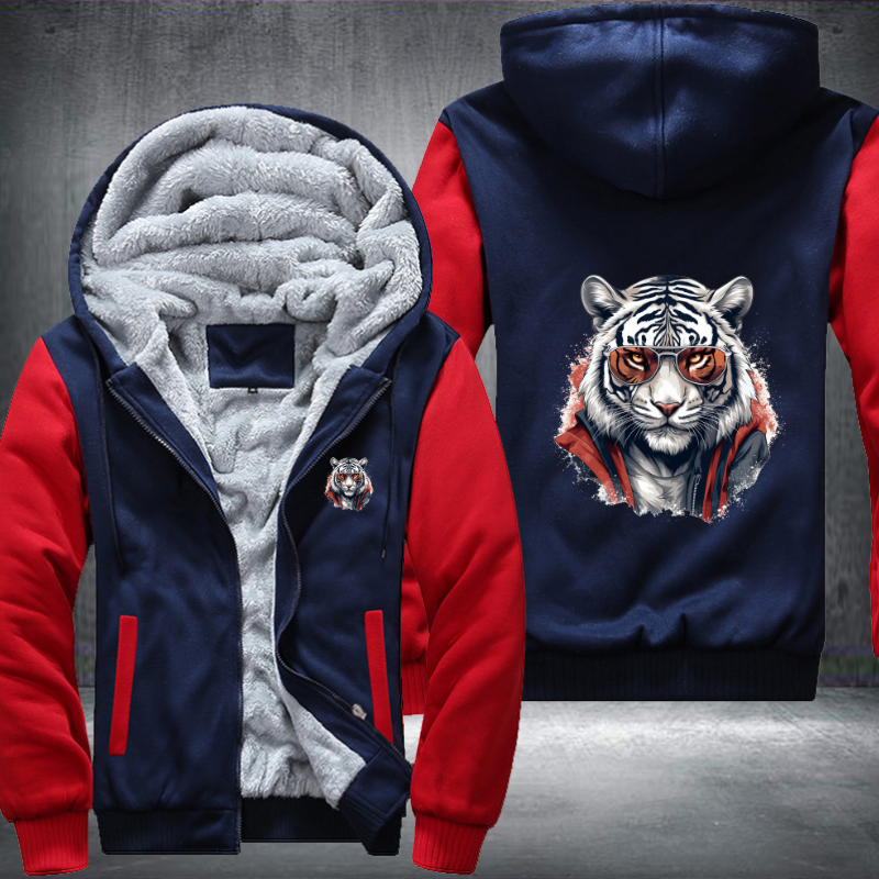 Animal Hiphop Graphic Funny White Tiger With Glasses Fleece Hoodies Jacket