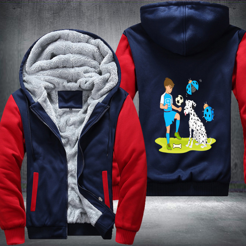 Boy play football with Dog Fleece Hoodies Jacket